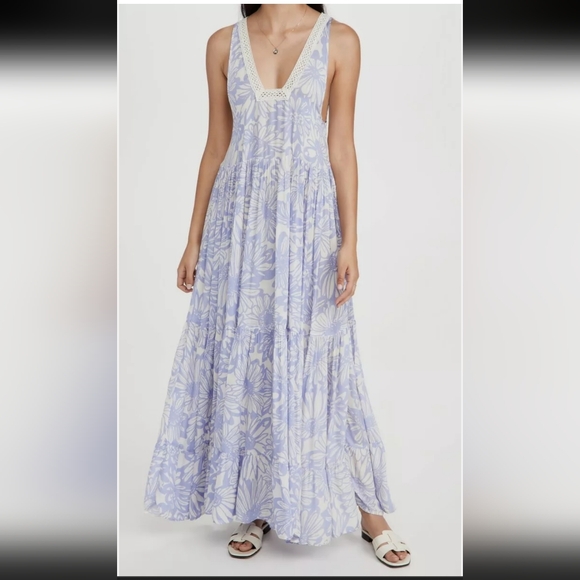 New! Free people slip on boho-chick tier  cornflower combo maxi dress sz S lilac - Picture 2 of 15
